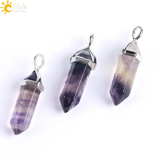 CSJA Fluorite Crystal Necklace – Natural Hexagonal Quartz Pendant for Women & Reiki Healing
